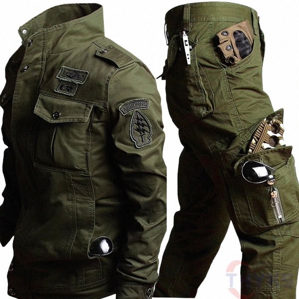 Ensembles de travail tactiques Hommes Cott Costume extérieur Broderie Cargo Flight Veste et pantalon Set Winter Fleece Airborne Army 6XL s8H1 #