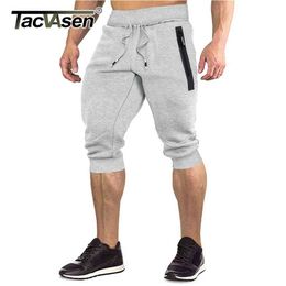 TACVASEN Short de course en coton pour homme Sport 3/4 Pantalon capri sous la longueur du genou Joggers Workout Gym Fitness Short à poche zippée H1210