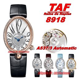 TAF Factory Watches Reine de Naples 8918 Or Rose 36.5X28.5MM A537/3 Montre Automatique Femme Diamants Lunette Cadran Nacre Bracelet En Cuir Montres-bracelets pour dames