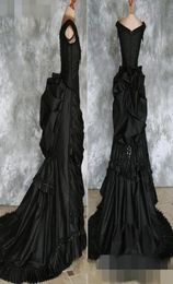 Taffetas perlé gothique victorien agitation robe avec train Vampire Ball mascarade Halloween robe de mariée noire Steampunk Goth 19e c4640261