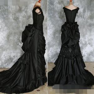 Taffeta Beaded Gothic Victoriaanse drukte jurk met trein Vampire Ball Masquerade Halloween zwarte trouwjurk Steampunk Goth 19e c261p