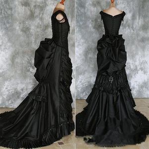 Taffeta Beaded Gothic Victoriaanse drukte jurk met trein Vampire Ball Masquerade Halloween zwarte trouwjurk Steampunk Goth 19e c222B