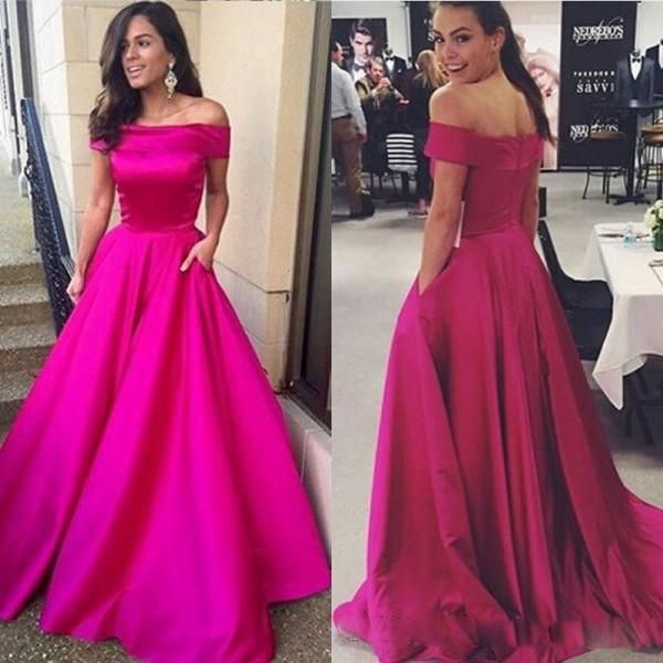 Taffetas De Luxe Fuchsia Sur L'epaule Robes De Bal Avec Poche Robe De Bal Élégant Long Balayage Train Zipper Retour Robe De Cocktail Formelle