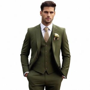 Elegante herenkostuums groene blazer enkele rij knopen met ingekeepte revers platte regulat volledige set mager 3-delig jasje broek vest E1nC#