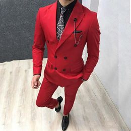 Tailor Made 2 stuks Red Men Pak Slim Fit bruidegom Tuxedos Wedding Business Double Breast Blazer Jacket broek