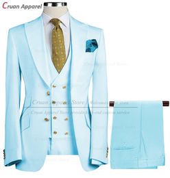 Marca a medida Marfil Suits White For Men Fit Slim Prom Boded Groom Buxedo Set Party Botones de oro Blazer Pantalones 3 piezas