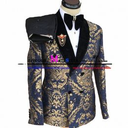 Maatwerk Bruidegom Party Tuxedos 2 Stuks Luxe Gouden Jacquard Pak Voor Mannen Double Breasted Trouwpak Voor Mannen Robe de Mariee B4hY #