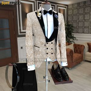 Op maat gemaakte mannen afdrukken pak sets bruiloft stalknecht elegante blazer vest broek 3 stuks avond diner slim fit outfits