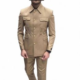 Costumes pour hommes sur mesure couleur unie simple boutonnage revers longueur régulière élégant blazer style safari 2 pièces veste pantalon E3iz #