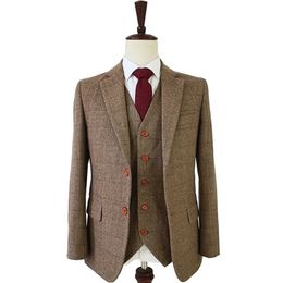 Tailor Made Slim Fit Past voor Mannen Retro Wol Bruin Herringbone Tweed Trouwjurk Custom Mens 3 Stuk Suit Blazers 201106