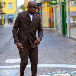 Tailored Double Breasted Brown Stripe Suits 2 Pieces Bruidegom Beste Man Broek Pak Business Wedding Blazer (Jack + Pants)