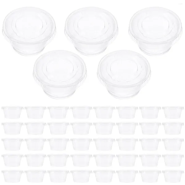 Saque los contenedores 100 PCS Copa de salsa para comida para llevar bandeja de plástico transparente maquillaje de placas pequeñas tazas desechables tapa alimento