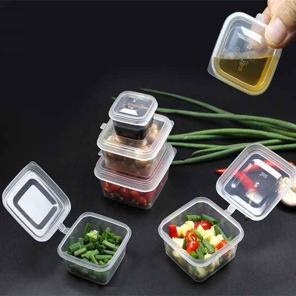 Saque los contenedores 100Set/Lote 25/50/75/100/130ml Square Transparent Food Sauce Box Box portátiles Vuelas de plástico desechables