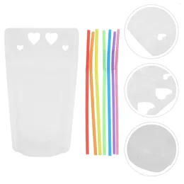 Conteneurs à emporter 50 pièces pochettes pour boissons sacs translucides à main pailles en plastique motif d'amour sceau boisson givrée