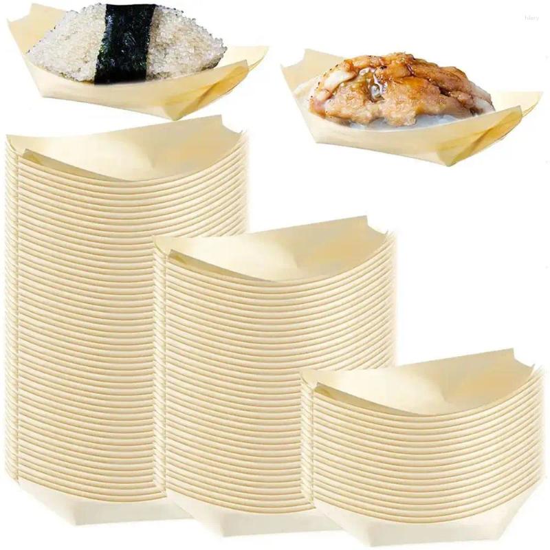 Ta ut containrar 50st Sushi Shushi Wood Boat Natural Bamboo Disponible Kajak Sallad Dessert Pine Cake Snack Bowl Xmas Meal Prep Container