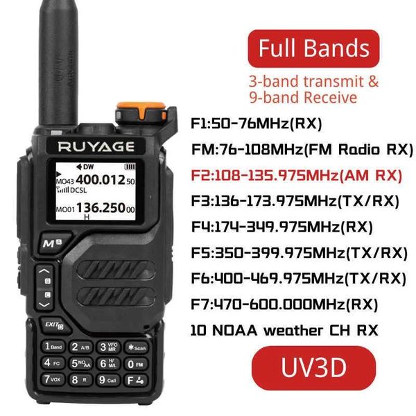 Talkie Ruyage UV3D Air Band Walkie Talkie Amateur Ham Two Way Radio Station UHF VHF 200ch Banda completa HT con el canal Noaa AM SATCOM G23051