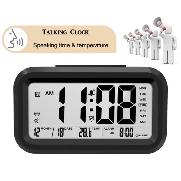 Horloge parlante Temps de parole et température Réveil numérique Snooze avec thermomètre Calendrier Rétro-éclairage LJ200827