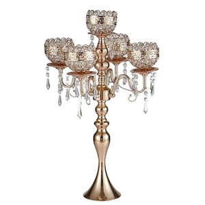 Elegant Tall Metal Rose Gold 5-Arm Candelabras with Hanging Crystals, Romantic Wedding Tabletop Candle Holders for Home Décor