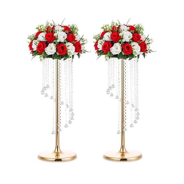 Grands centres de table de mariage Vases en or Vase à fleurs en cristal, support de fleurs en cristal en métal argenté pour décorations de tables de fête D00se