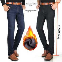 Lange mannen jeans 117 cm lange jean rechte slim fit zwart blauwe broek hoge taille fleece winter denim plus size 40 42 44 broek 211108