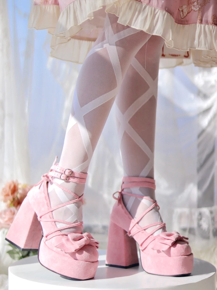 Tall Pink Sweet Little High Heels women's waterproof platform Mary Jane French Tie bow lolita line strap waterproof shoes