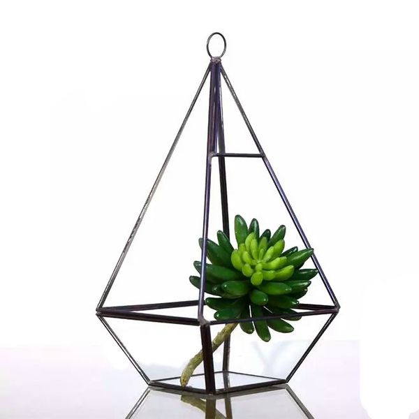 Grande Pyramide Suspendue Terrarium Haute Qualité Verre En Laiton Planteur pour Succulent Cactus Moderne Géométrique Pièce Maîtresse Vase Noir Or