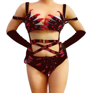 Klauwen handschoen zwart fluwelen strass bandage bikini bodysuit sexy nachtclub podiumkleding bar dj zanger rave party paaldans turnpakje kostuum