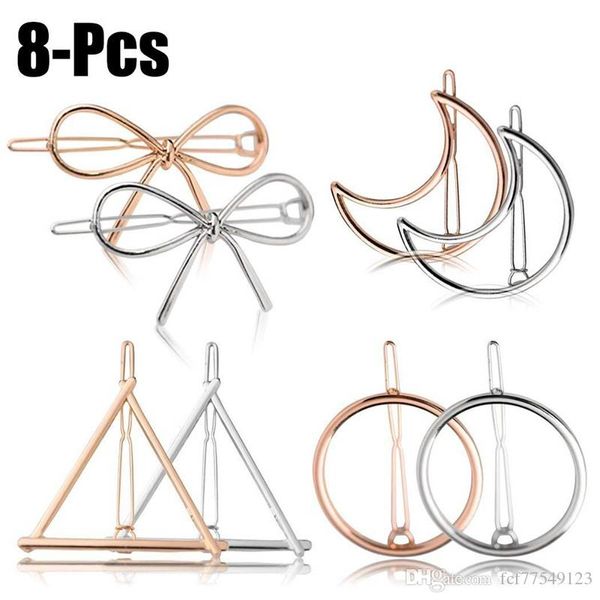 Tamax Pince à Cheveux pour Femmes 8 Pcs Barrettes Épingles à Cheveux Lune Triangle Cercle Papillon Clips pour Filles Coiffure Épaisse (Or et Argent)