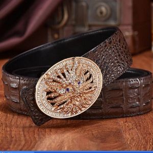 Tan Brown Men Designer Crocodile Leather Riem Fashion Luxe Glinsterende Diamanten 3D Dragon Smooth Buckle 125cm 12 Modellen