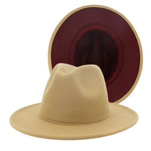 Tan bordeaux Patchwork fausse laine feutre Jazz Fedora chapeaux avec bande de feutre femmes hommes à bord plat Panama Trilby casquette fête Hat218x
