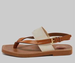 Bruin/wit leer en logoprint canvas woody string flats sandalen zomer flip flop coole slingback platte schoenen Italië luxe designer fabrieksverkoop met doos 35-42