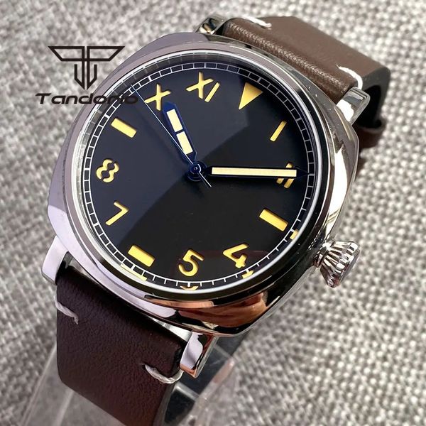 Tandorio 42 mm NH35A 20bar carré poli automatique montre pour homme saphir cristal noir cadran californien couronne à vis bracelet en cuir 240202