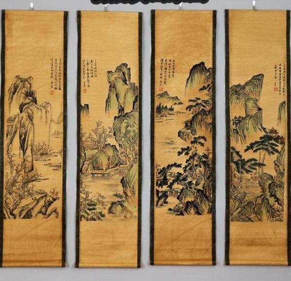 Tang Bohu Peintures anciennes des personnages de la dynastie Tang Peintures décoratives antiques de salon quatre écrans Tang Shanshui 4pc1008304