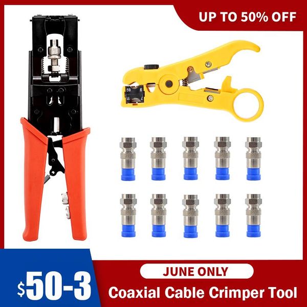 Tang Coax Cable Stripping Kit Tools Réglable Outil d'outils Coaxial Cable Trimping Tool pour RG59 RG6 F BNC RCA avec 10 PCS F Compression Connect