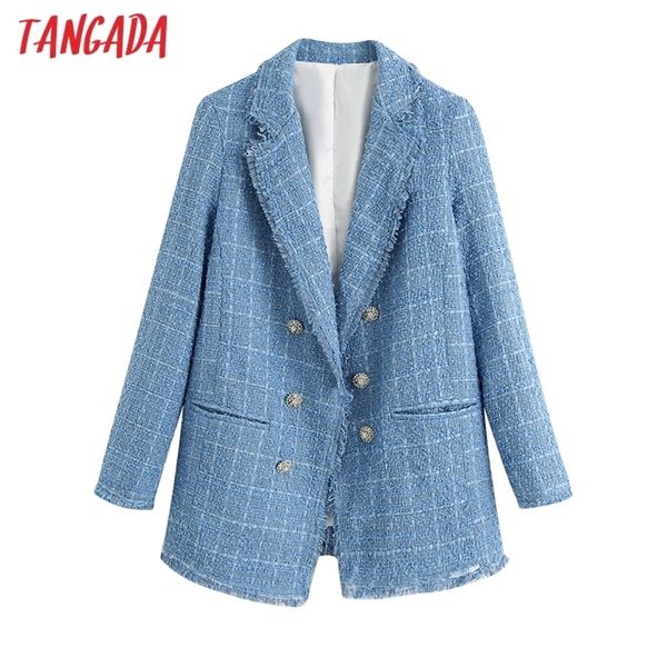 Tangada 2020 automne hiver femmes vintage bleu blazer femme à manches longues élégante veste dames épais blazer costumes formels LJ200911