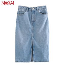 Tangada 2020 Femmes Solid Blue Denim Jupe Vintage Front Ouvert Été Femelle Élégant Chic Jupes 3L31 LJ200820