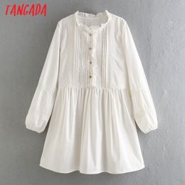 Tangada 2021 Primavera Mujeres Patchwork de encaje Vestido de algodón blanco Volantes Manga larga Damas Mini vestido suelto Vestidos CE46 210319