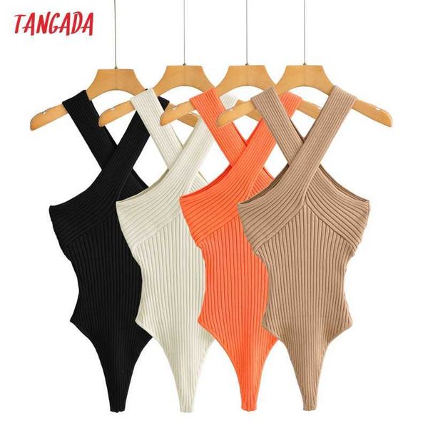 Tangada moda americana mujer Y2K Halter Knit Playsuits sin mangas mamelucos señoras Sexy Chic monos 2LK10 210609