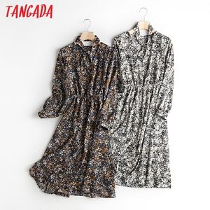 Tangada automne mode femmes fleurs imprimer robe en mousseline de soie à manches longues dames élégante robe midi avec nœud WF2 210306