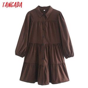 Tangada herfst winter mode vrouwen plaid print shirt jurk lange mouw vrouwelijke geplooide mini-jurk CE151 210609