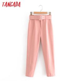 Tangada otoño invierno mujer caramelo rosa traje pantalones cintura alta bolsillos oficina damas elegantes pantalones de trabajo con cinturón 6A22-1 210609