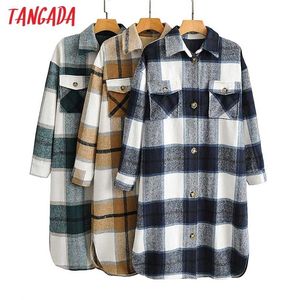 Tangada herfst winter vrouwen groen plaid lange jas jas casual warme overjas mode lange jassen AI35 211110