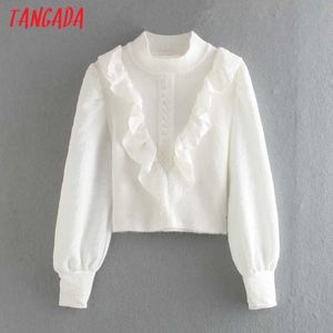 Tangada Chic Mujeres White Ruffles Turtleneck Suéter Vintage Ladies Retro Punto Jumper Tops 3L36 210609