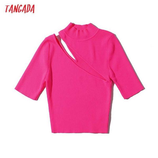 Tangada Chic mujeres Y2K suéter ahueca hacia fuera manga corta señoras Sexy tejido Jumper Tops 2LK8 210609