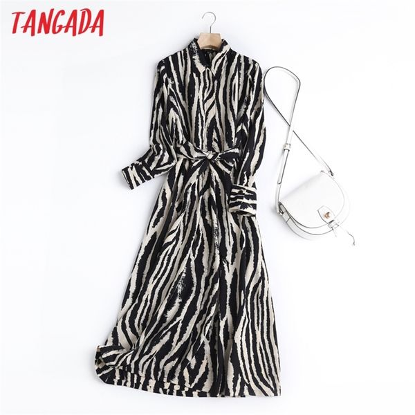 Tangada Angleterre Style Fashion Vintage Simple Zebra Modèle Moyen Robe Midi Femmes Vestidos avec Slash 6D08 210309