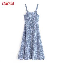 Tangada Mode Blaue Blumen Drucken Träger Kleider Für Frauen Weibliche Casual Chiffon Kleid 3W100 210609