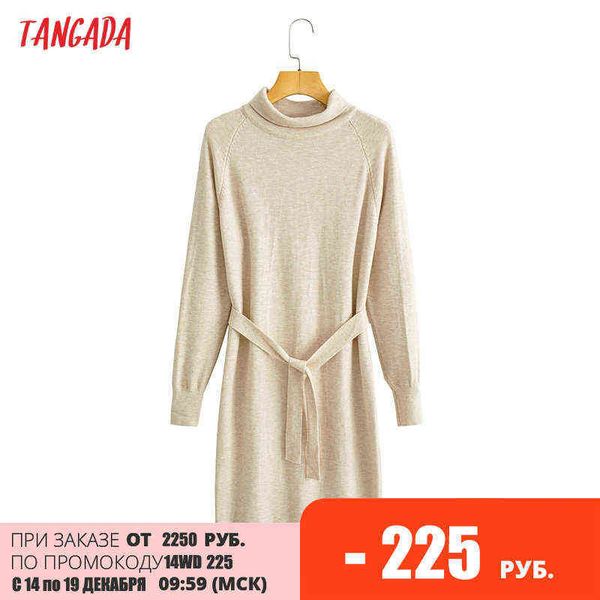 Tangada moda mujer Beige elegante suéter vestido cuello alto manga larga señoras cálido rodilla vestido con barra BC133 G1214