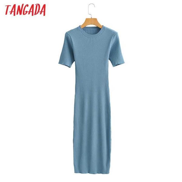 Tangada mode femmes bleu dos nu robe en tricot à manches courtes O cou dames Sexy robe mi-longue AI47 210609