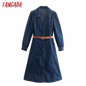 Tangada Fashion Dames Blue Denim Shirt Jurk met Riem Lange Mouw Kantoor Dames MIDI Jurk 4M08 210609