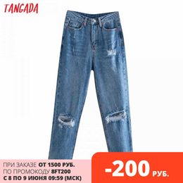 Tangada moda mujer estilo novio pantalones vaqueros rasgados pantalones largos bolsillos botones pantalones femeninos 4M138 210609